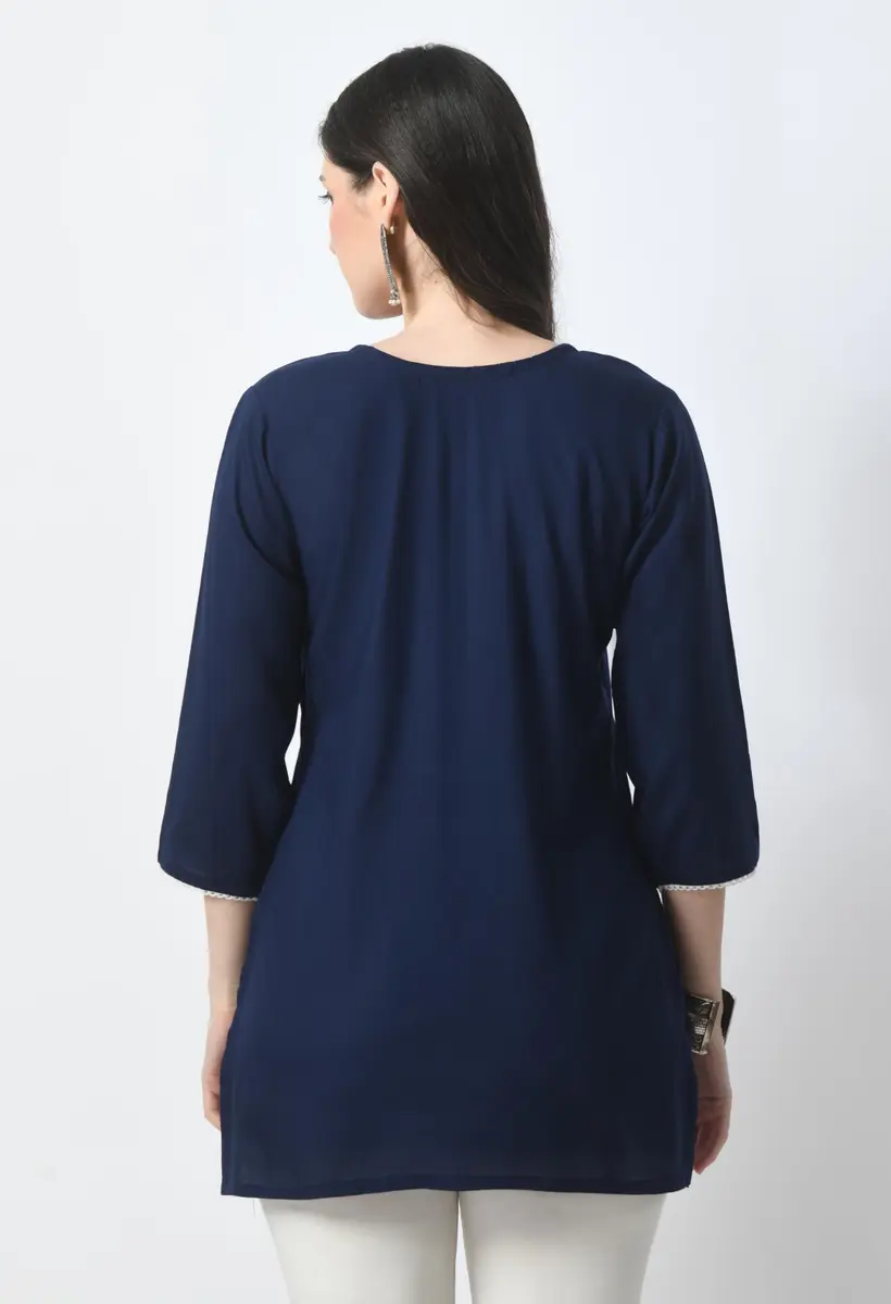 LIBOZA Rayon Chikankari Kurti for Women - Navy Blue XL | Lucknowi Tunic Top with Long Sleeves - view 3