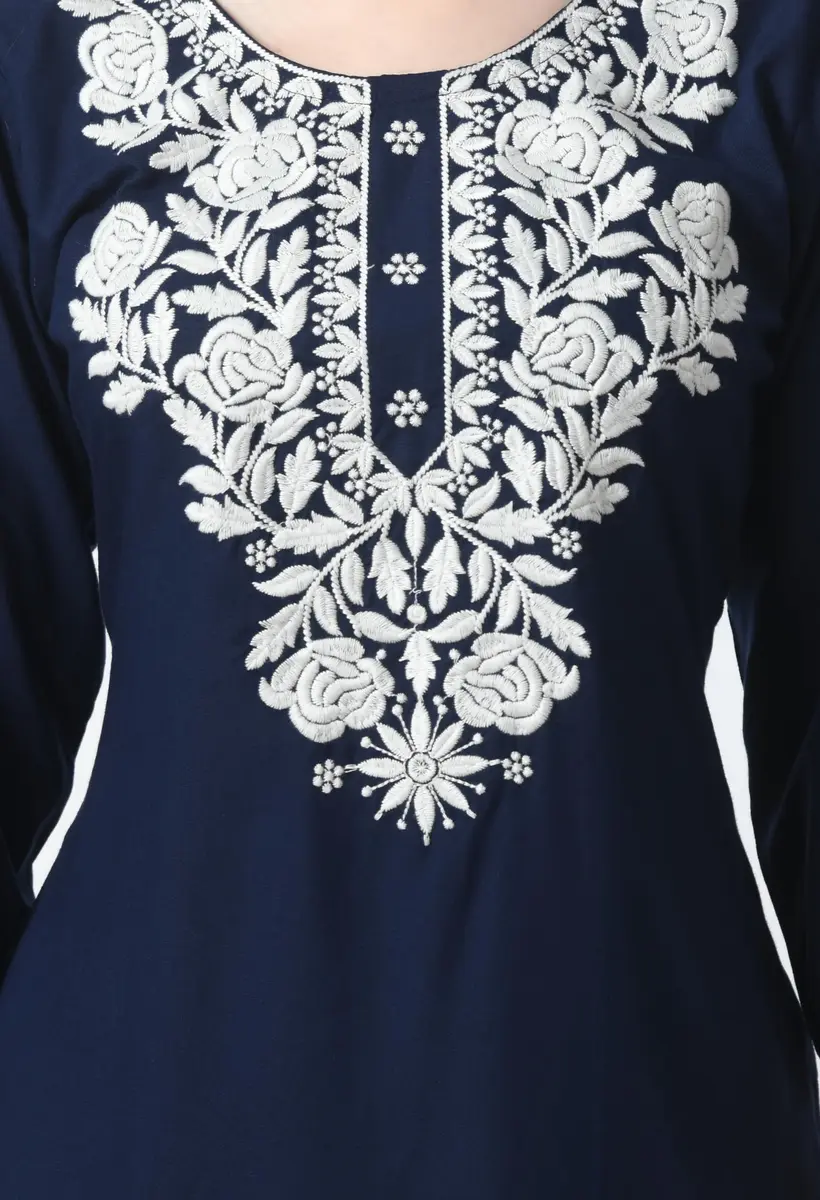 LIBOZA Rayon Chikankari Kurti for Women - Navy Blue XL | Lucknowi Tunic Top with Long Sleeves - view 4