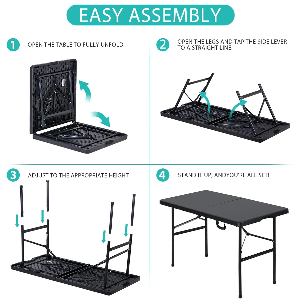 Saicool Portable Folding Table 4FT Black | Heavy Duty Plastic Indoor Outdoor - view 7