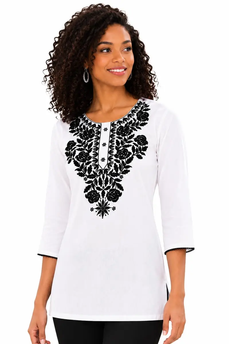 LIBOZA Rayon Chikankari Kurti for Women - White Round Neck Long Sleeve Tunic Top XL | 28 cm (11 in) - main product image
