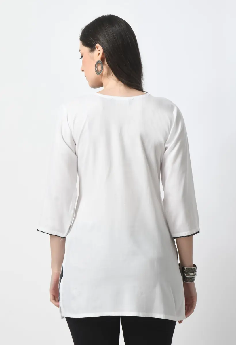 LIBOZA Rayon Chikankari Kurti for Women - White Round Neck Long Sleeve Tunic Top XL | 28 cm (11 in) - view 5