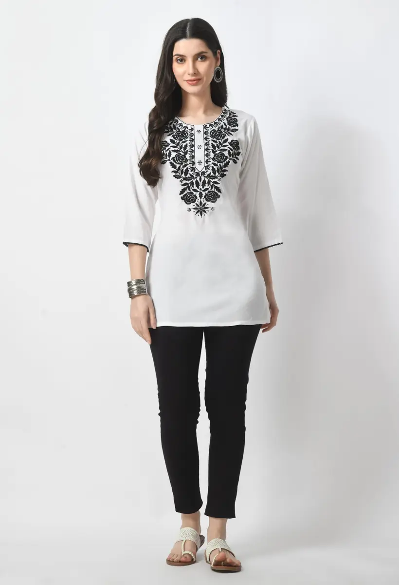 LIBOZA Rayon Chikankari Kurti for Women - White Round Neck Long Sleeve Tunic Top XL | 28 cm (11 in) - view 6