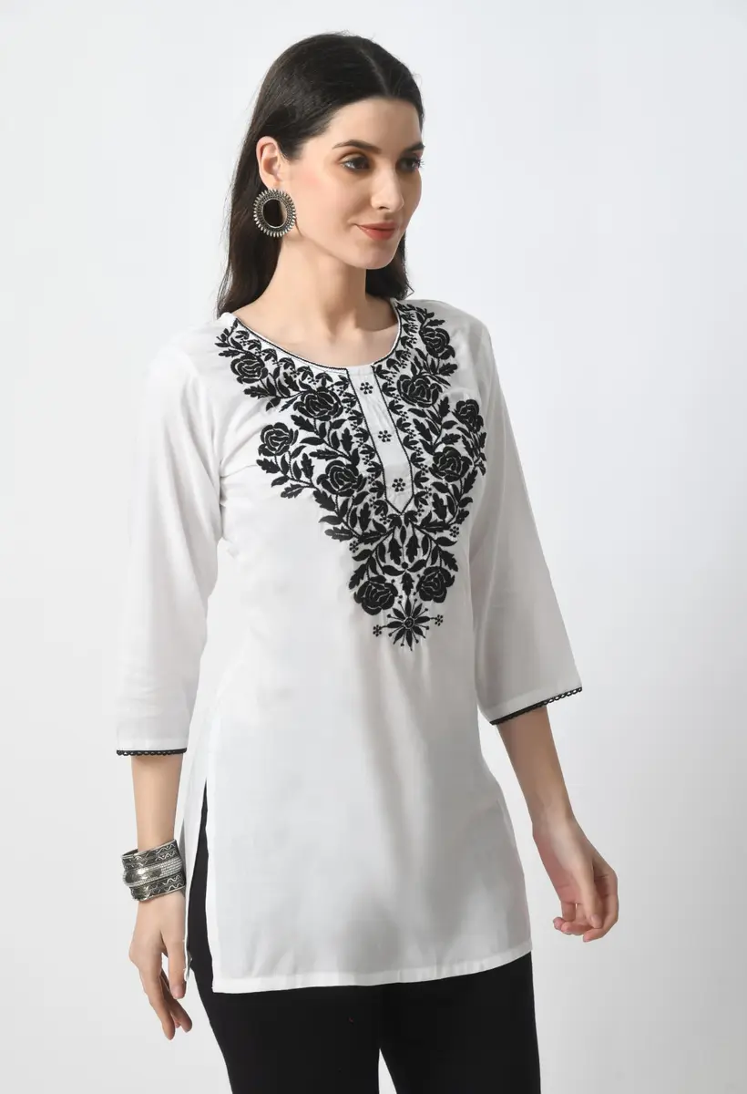 LIBOZA Rayon Chikankari Kurti for Women - White Round Neck Long Sleeve Tunic Top XL | 28 cm (11 in) - view 7