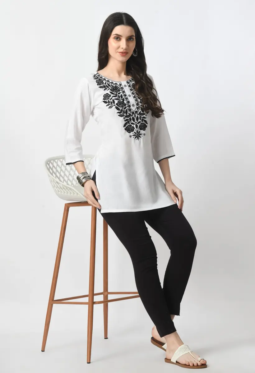 LIBOZA Rayon Chikankari Kurti for Women - White Round Neck Long Sleeve Tunic Top XL | 28 cm (11 in) - view 2