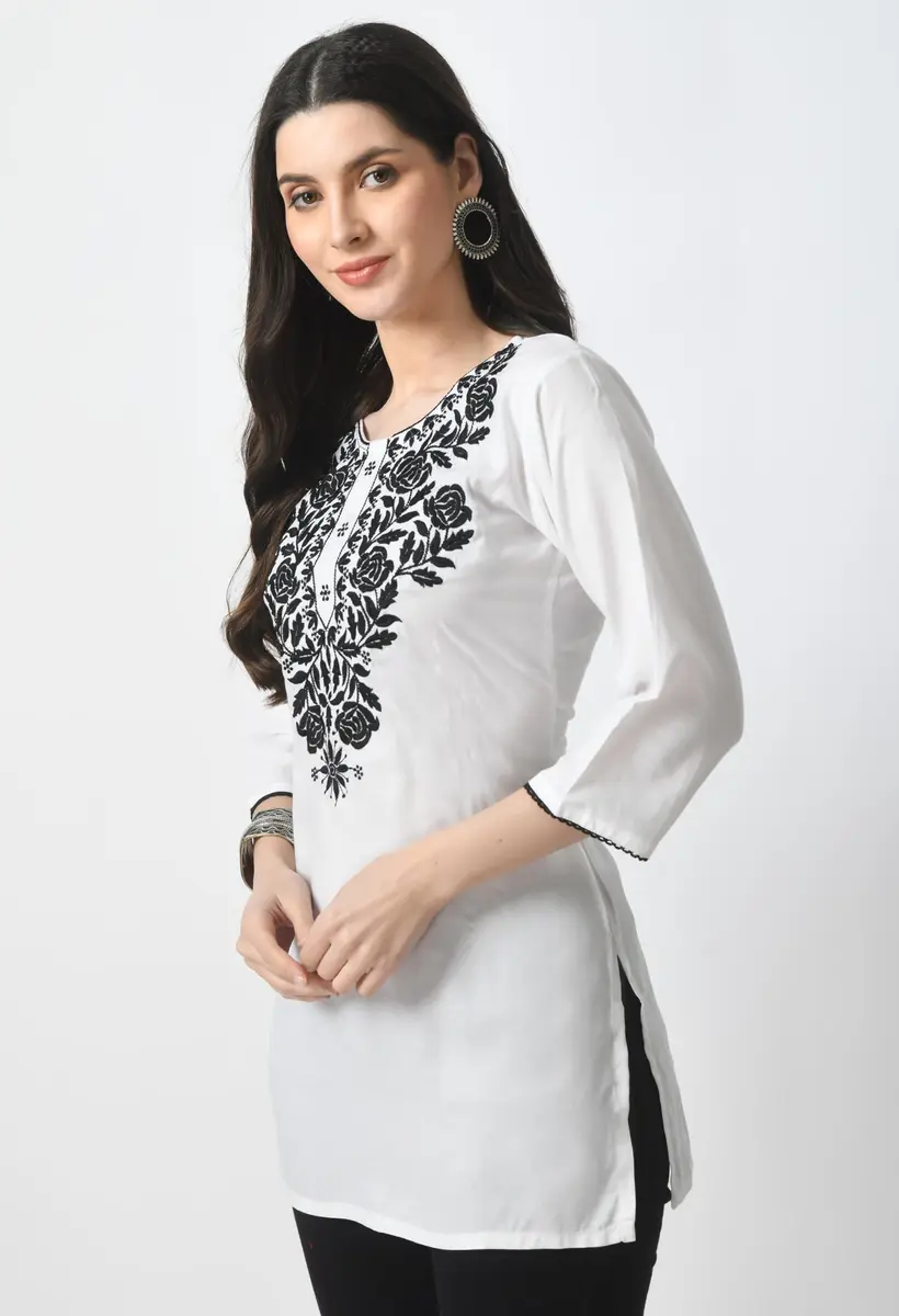 LIBOZA Rayon Chikankari Kurti for Women - White Round Neck Long Sleeve Tunic Top XL | 28 cm (11 in) - view 3