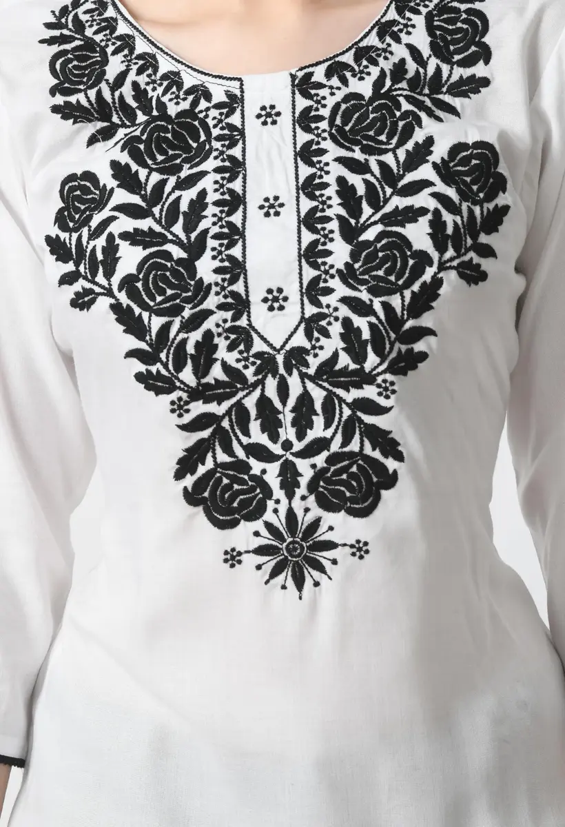 LIBOZA Rayon Chikankari Kurti for Women - White Round Neck Long Sleeve Tunic Top XL | 28 cm (11 in) - view 4