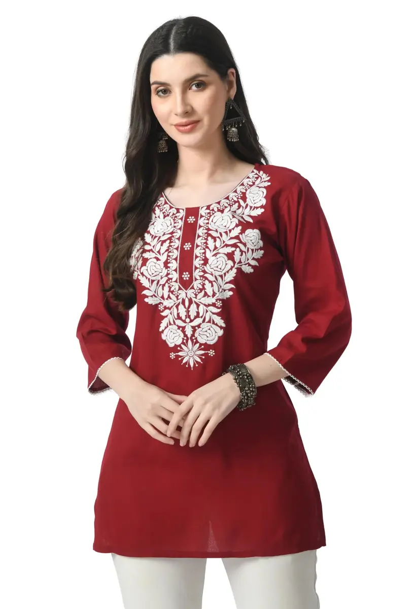 LIBOZA Rayon Chikankari Kurti for Women - Red, Medium | Lakhnawi Tunic Top with Long Sleeves - main product image