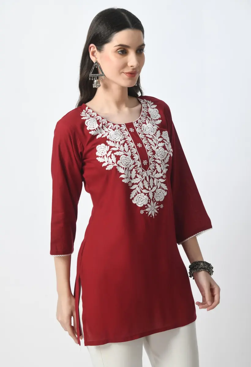 LIBOZA Rayon Chikankari Kurti for Women - Red, Medium | Lakhnawi Tunic Top with Long Sleeves - view 5