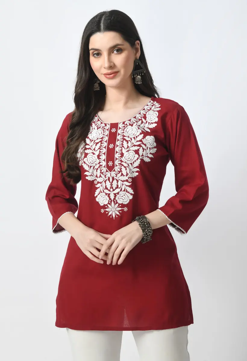 LIBOZA Rayon Chikankari Kurti for Women - Red, Medium | Lakhnawi Tunic Top with Long Sleeves - view 7