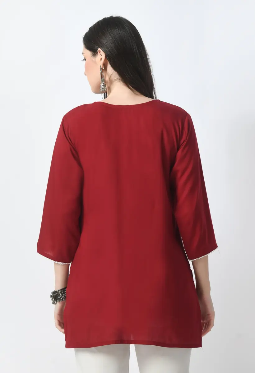 LIBOZA Rayon Chikankari Kurti for Women - Red, Medium | Lakhnawi Tunic Top with Long Sleeves - view 3