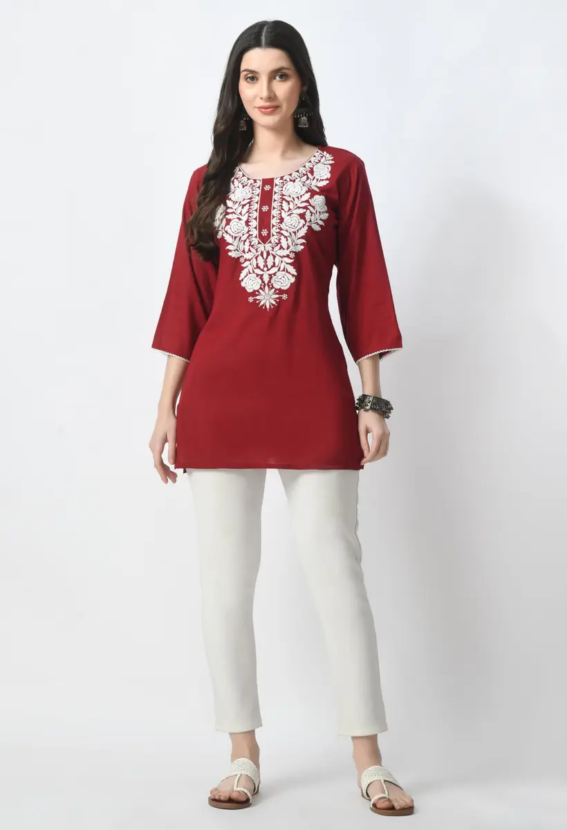 LIBOZA Red Chikankari Rayon Kurti for Women - Short Lakhnawi Tunic Top with Long Sleeves (2XL) - view 6