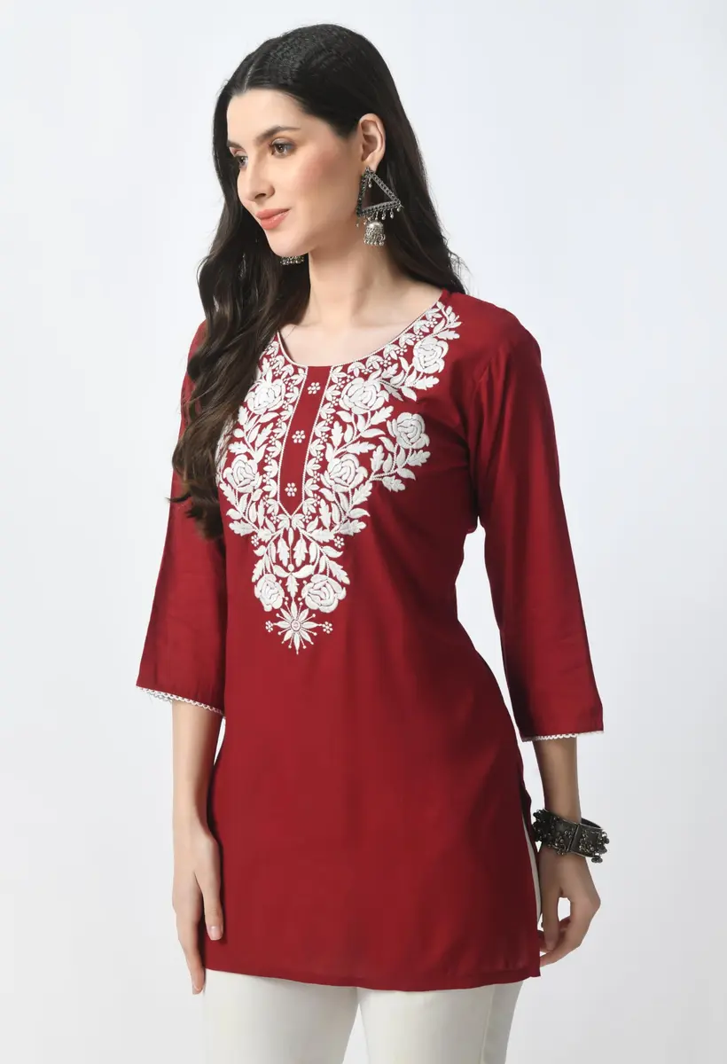LIBOZA Red Chikankari Rayon Kurti for Women - Short Lakhnawi Tunic Top with Long Sleeves (2XL) - view 8