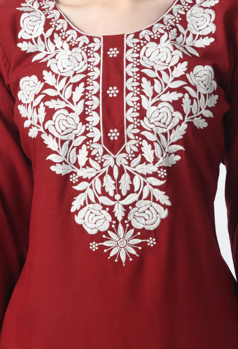 LIBOZA Red Chikankari Rayon Kurti for Women - Short Lakhnawi Tunic Top with Long Sleeves (2XL) - view 2