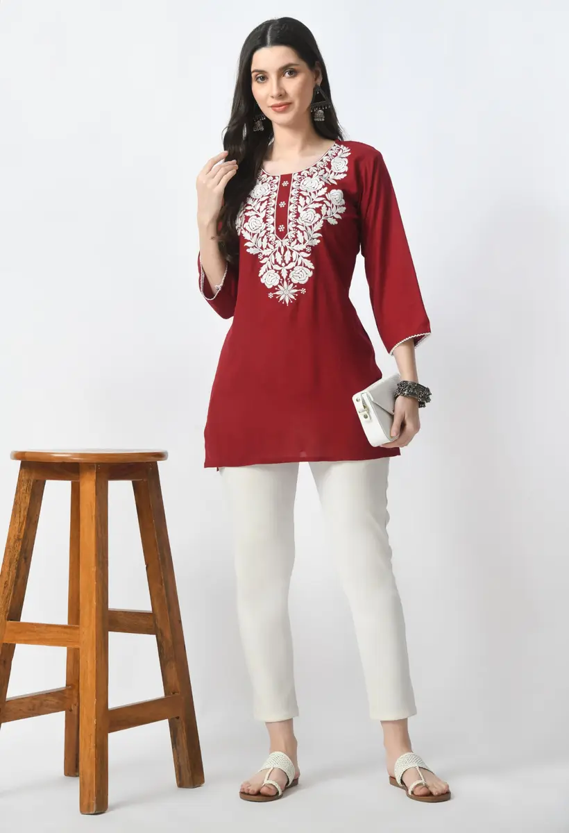 LIBOZA Red Chikankari Rayon Kurti for Women - Short Lakhnawi Tunic Top with Long Sleeves (2XL) - view 4