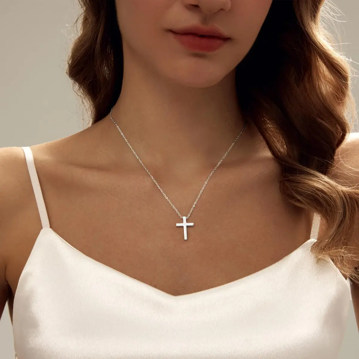 HERIER Classic Cross-Silver Necklace for Women | 18K White Gold Plated 41.9cm (16.5") Faith Jewelry - view 2