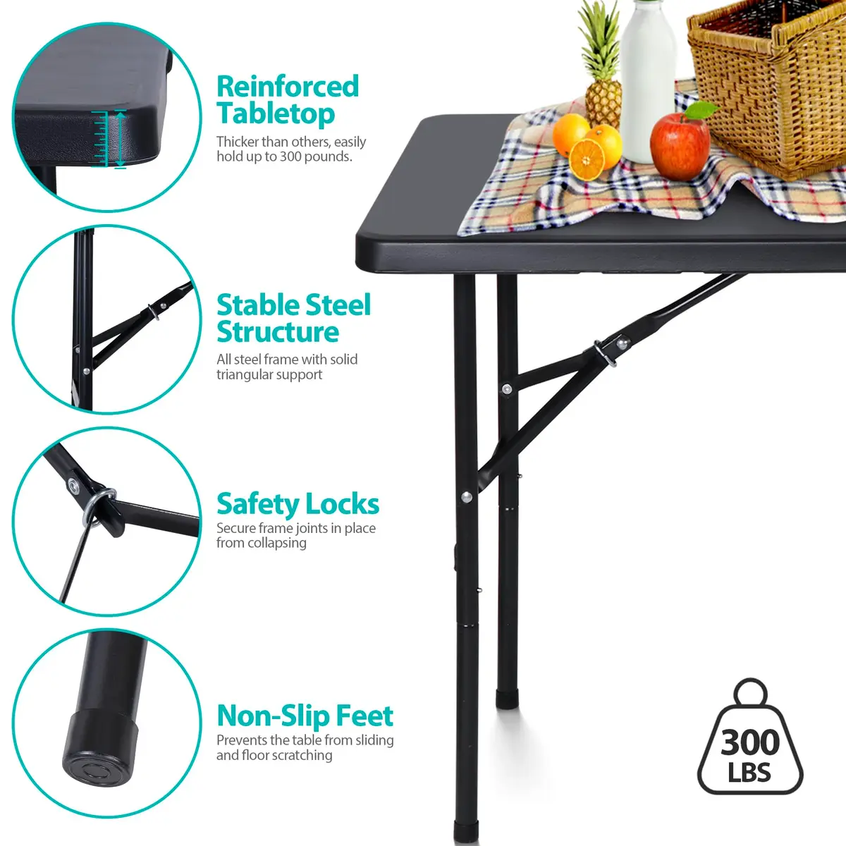 ZenStyle 4ft Heavy Duty Folding Table - Plastic Top & Steel Legs | Indoor Outdoor Utility Table - view 7