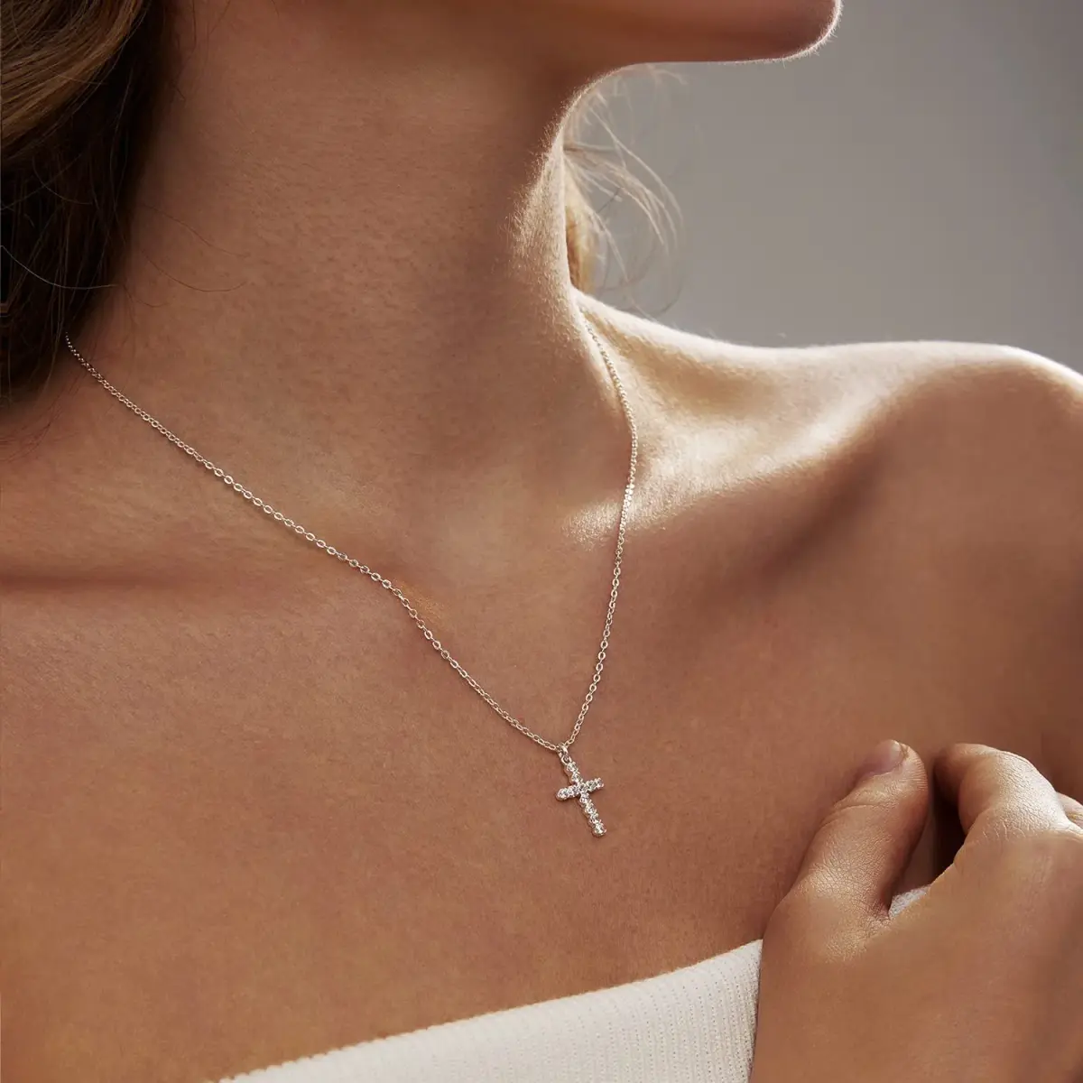 HERIER Dainty CZ Cross Necklace for Women 40cm (16.5" + 2" Extender) | Simple Silver Cross Pendant Jewelry - view 6