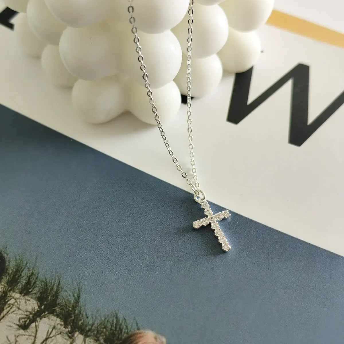 HERIER Dainty CZ Cross Necklace for Women 40cm (16.5" + 2" Extender) | Simple Silver Cross Pendant Jewelry - view 7