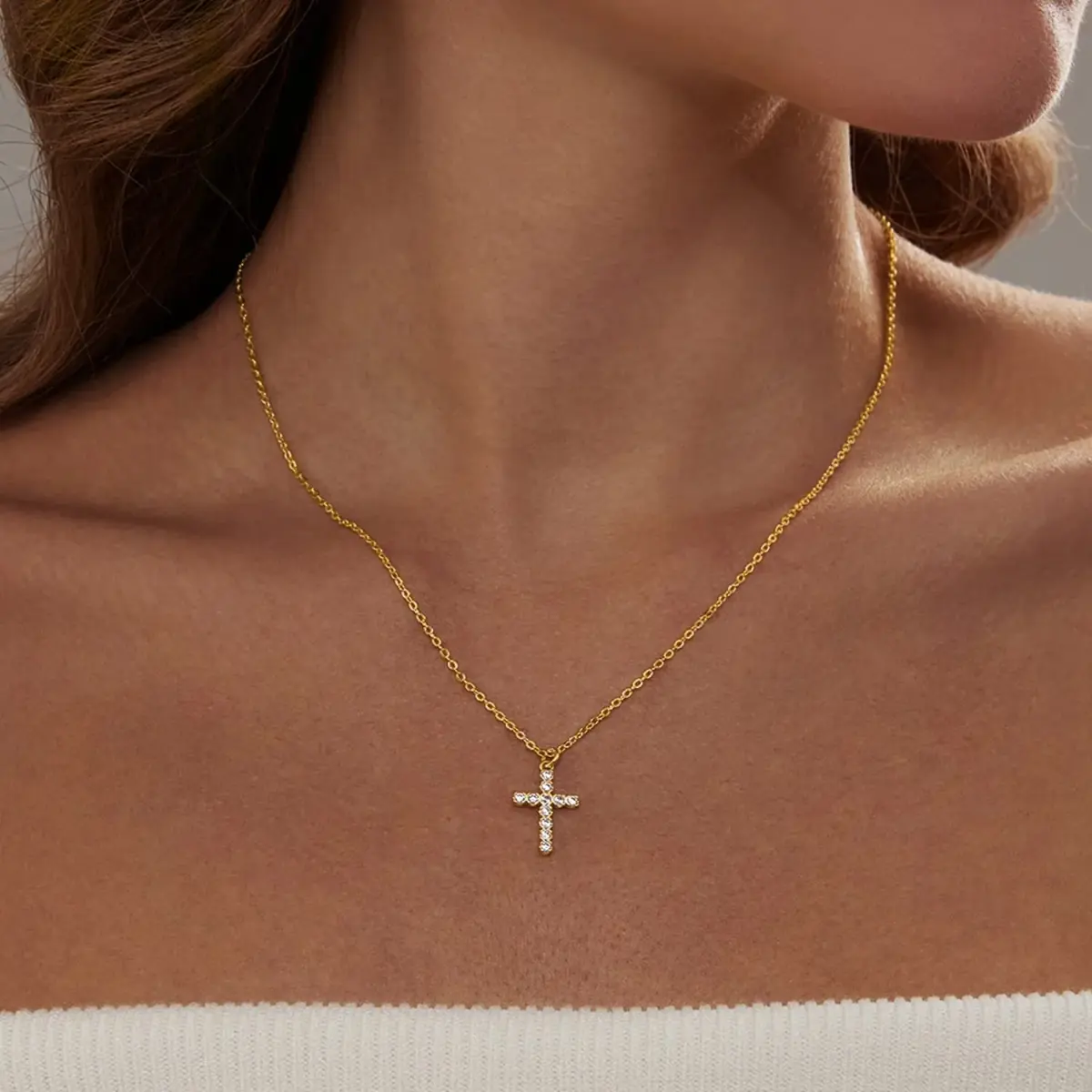 HERIER CZ Cross Necklace for Women - Dainty 14k Gold Plated Tiny Cross Pendant, 41.9cm - view 2