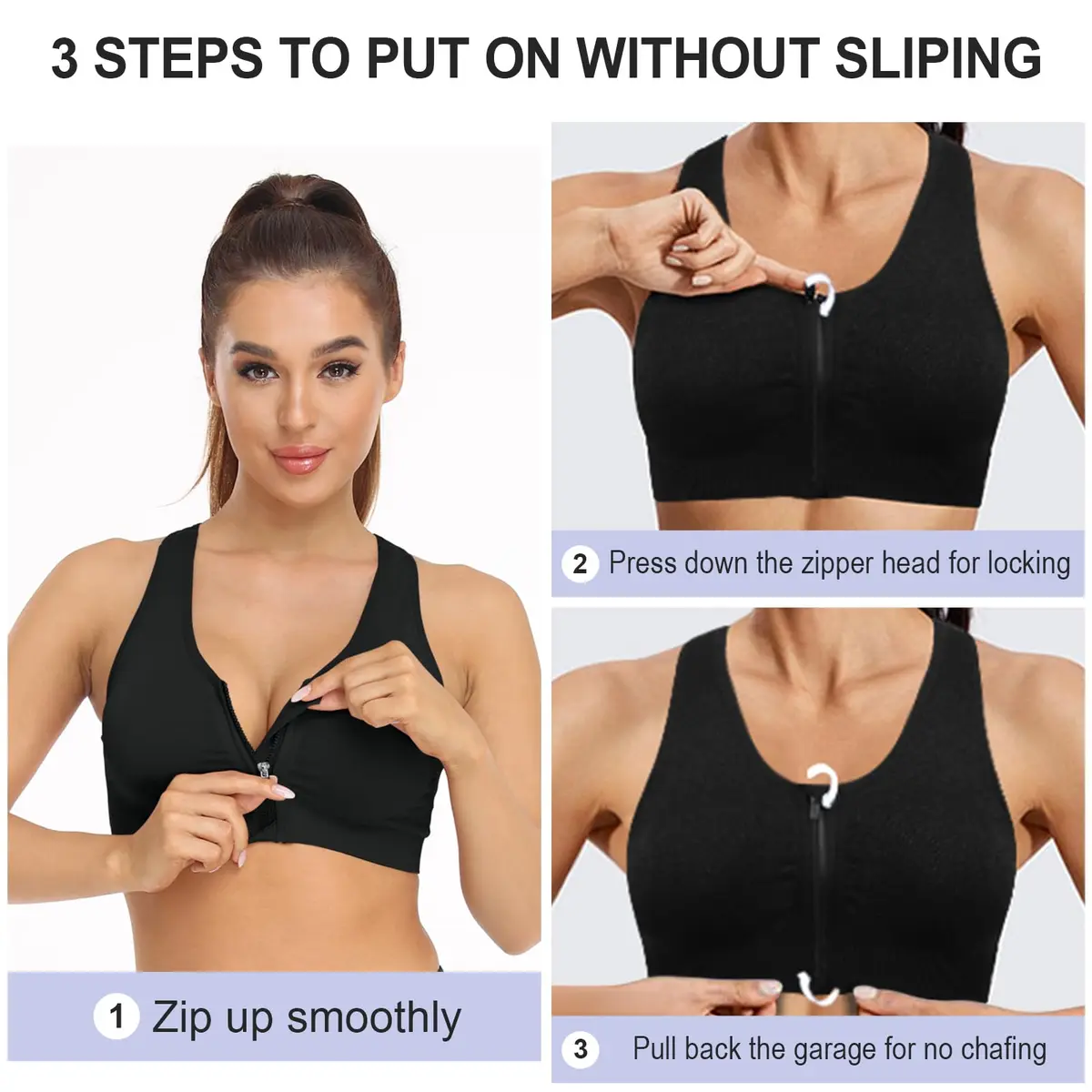 WANAYOU Women's Zip Front Sports Bra Wireless Post-Surgery Bra Workout Bras | Medium Support, Racerback, Removable Pads - view 6