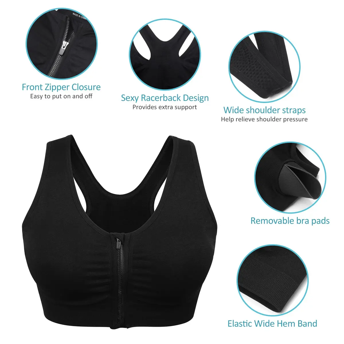 WANAYOU Women's Zip Front Sports Bra Wireless Post-Surgery Bra Workout Bras | Medium Support, Racerback, Removable Pads - view 7