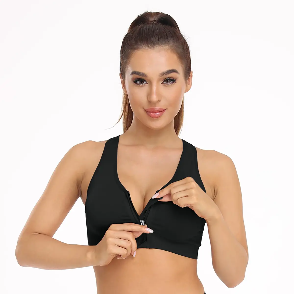 WANAYOU Women's Zip Front Sports Bra Wireless Post-Surgery Bra Workout Bras | Medium Support, Racerback, Removable Pads - view 2
