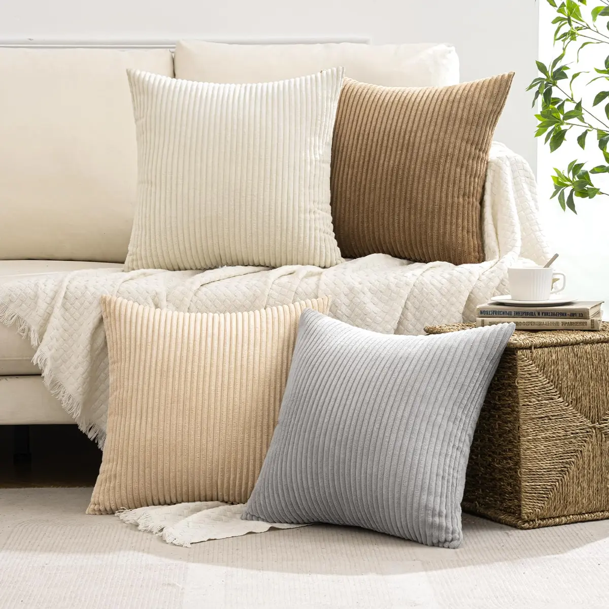 MIULEE Soft Corduroy Decorative Throw Pillow Covers 45x45 cm (18x18 Inch) | Boho Stripe Texture for Cozy Corners - view 2