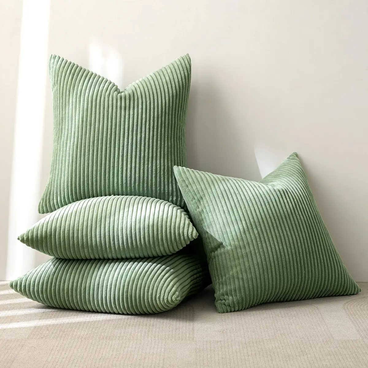 MIULEE Soft Corduroy Decorative Throw Pillow Covers Sage Green 18x18 Inch (45x45 cm) | Pack of 4 Boho Stripe Accent Cases - main product image