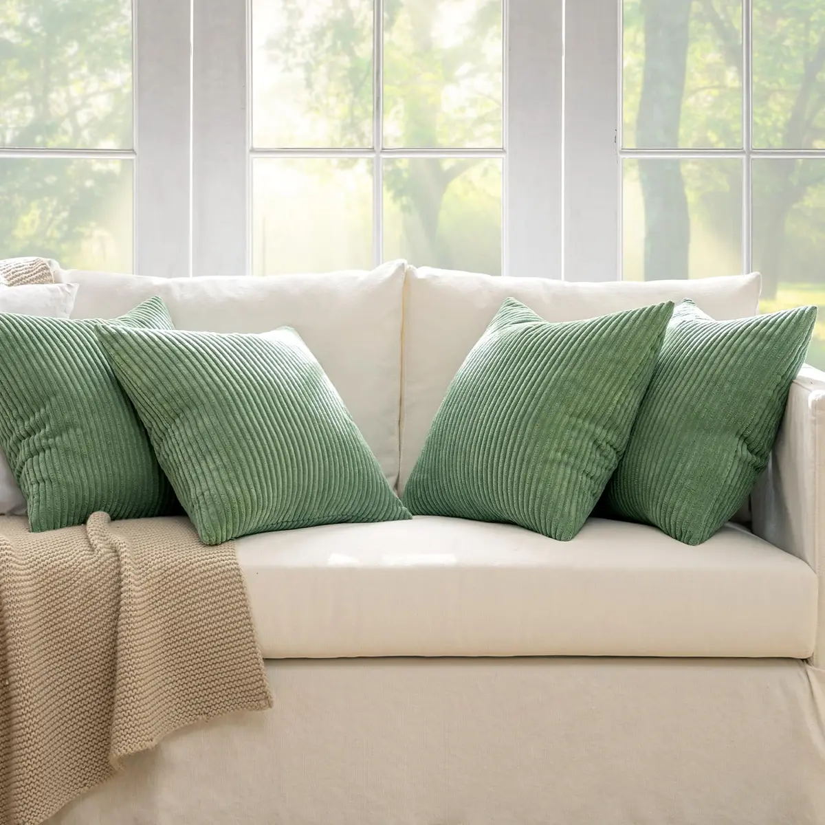 MIULEE Soft Corduroy Decorative Throw Pillow Covers Sage Green 18x18 Inch (45x45 cm) | Pack of 4 Boho Stripe Accent Cases - view 5