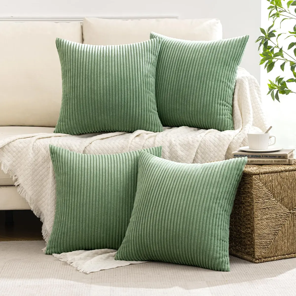 MIULEE Soft Corduroy Decorative Throw Pillow Covers Sage Green 18x18 Inch (45x45 cm) | Pack of 4 Boho Stripe Accent Cases - view 2