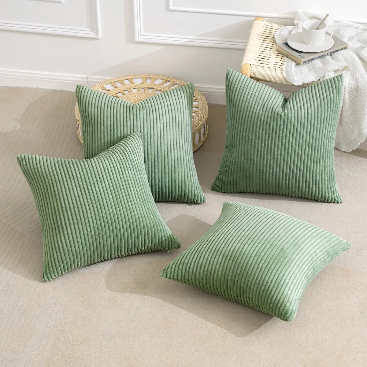 MIULEE Soft Corduroy Decorative Throw Pillow Covers Sage Green 18x18 Inch (45x45 cm) | Pack of 4 Boho Stripe Accent Cases - view 4