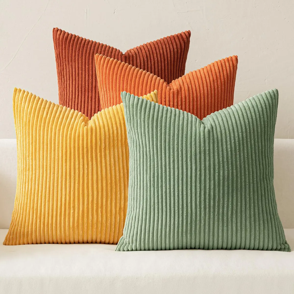 MIULEE Yellow Rust Green Corduroy Decorative Throw Pillow Covers 45x45 cm (18x18 Inch) | Boho Stripe Accent for Living Room - main product image