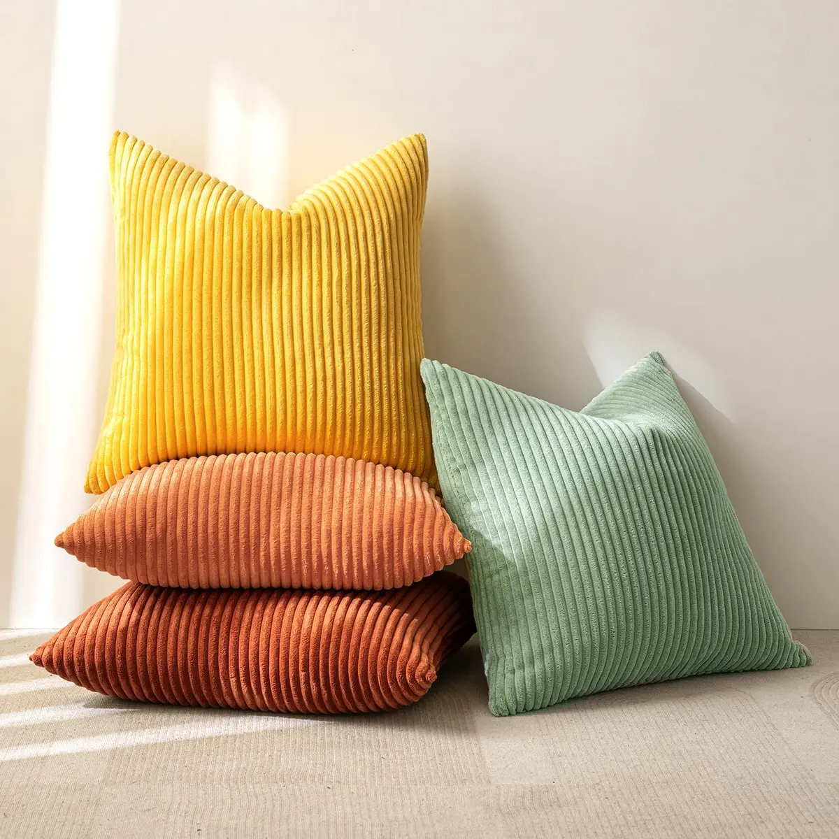 MIULEE Yellow Rust Green Corduroy Decorative Throw Pillow Covers 45x45 cm (18x18 Inch) | Boho Stripe Accent for Living Room - view 5