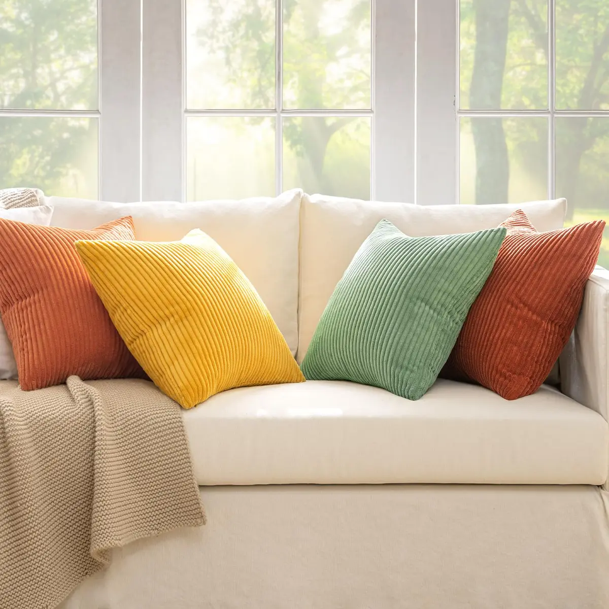 MIULEE Yellow Rust Green Corduroy Decorative Throw Pillow Covers 45x45 cm (18x18 Inch) | Boho Stripe Accent for Living Room - view 6