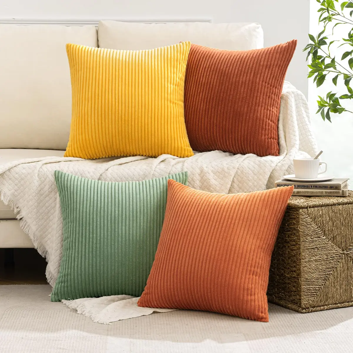 MIULEE Yellow Rust Green Corduroy Decorative Throw Pillow Covers 45x45 cm (18x18 Inch) | Boho Stripe Accent for Living Room - view 9