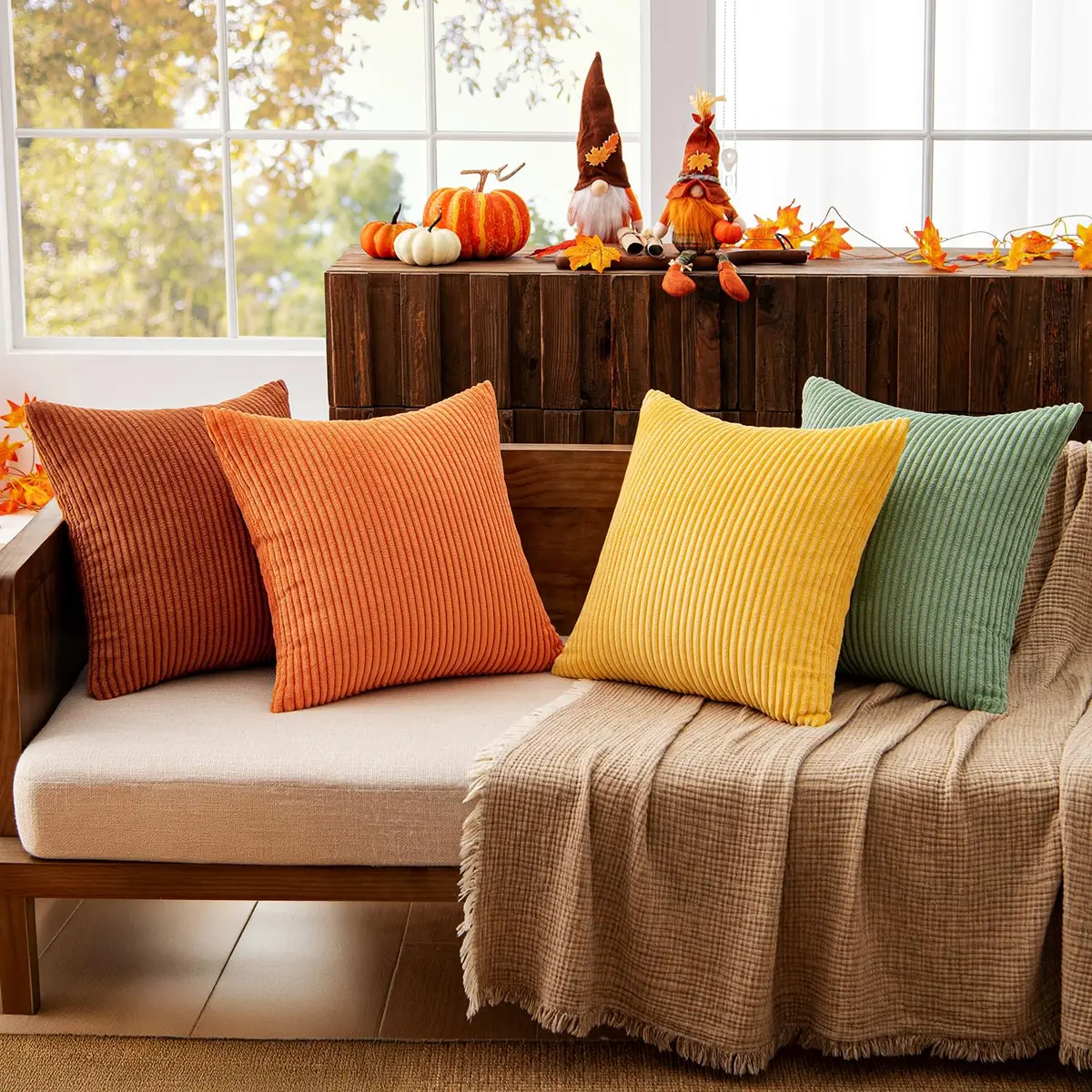 MIULEE Yellow Rust Green Corduroy Decorative Throw Pillow Covers 45x45 cm (18x18 Inch) | Boho Stripe Accent for Living Room - view 2