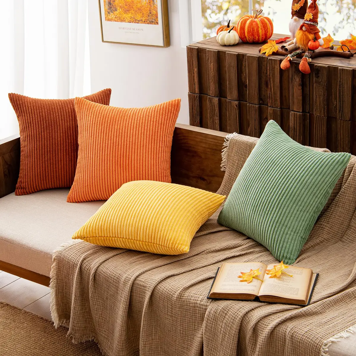 MIULEE Yellow Rust Green Corduroy Decorative Throw Pillow Covers 45x45 cm (18x18 Inch) | Boho Stripe Accent for Living Room - view 3