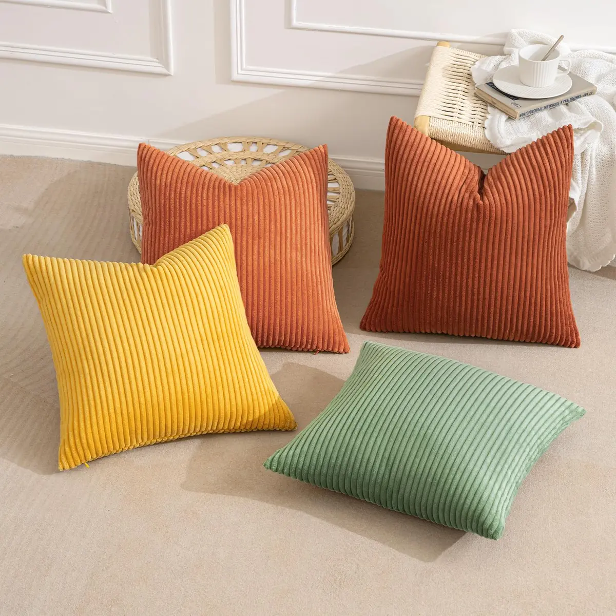 MIULEE Yellow Rust Green Corduroy Decorative Throw Pillow Covers 45x45 cm (18x18 Inch) | Boho Stripe Accent for Living Room - view 4