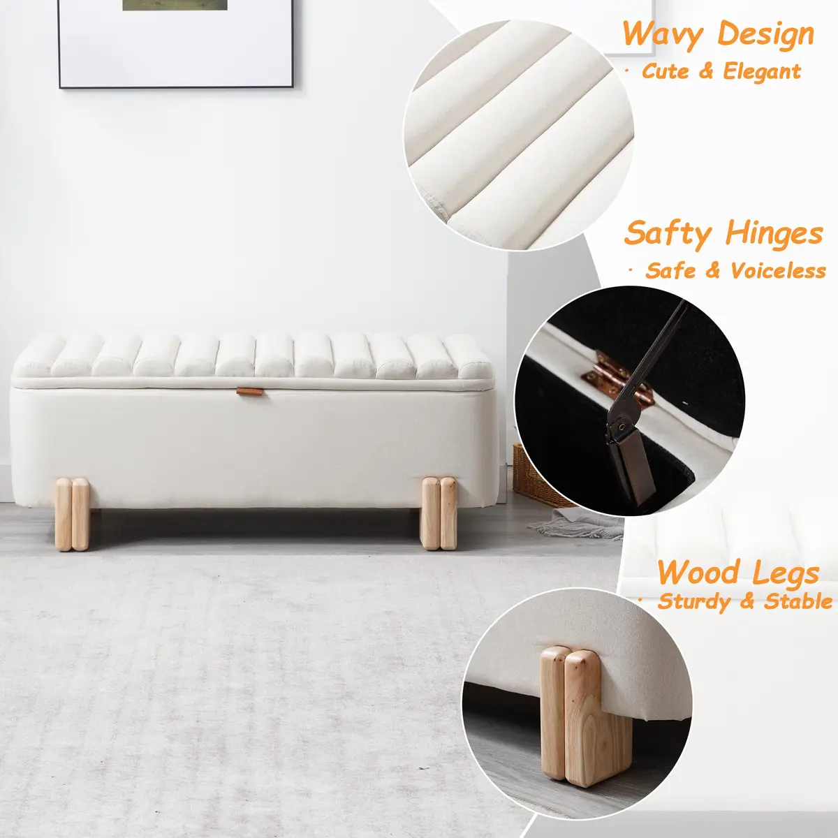 Kmax Storage Bench Linen Entryway Ottoman 45.25" x 17.75" x 18" | Modern Design, 300lbs Capacity - view 5