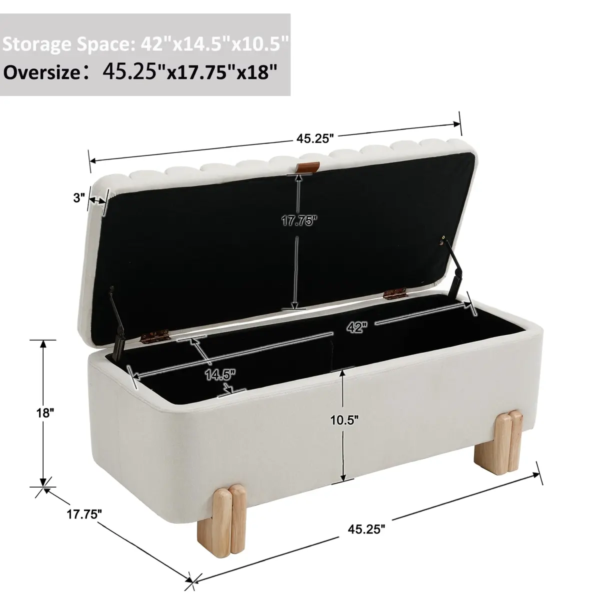 Kmax Storage Bench Linen Entryway Ottoman 45.25" x 17.75" x 18" | Modern Design, 300lbs Capacity - view 2