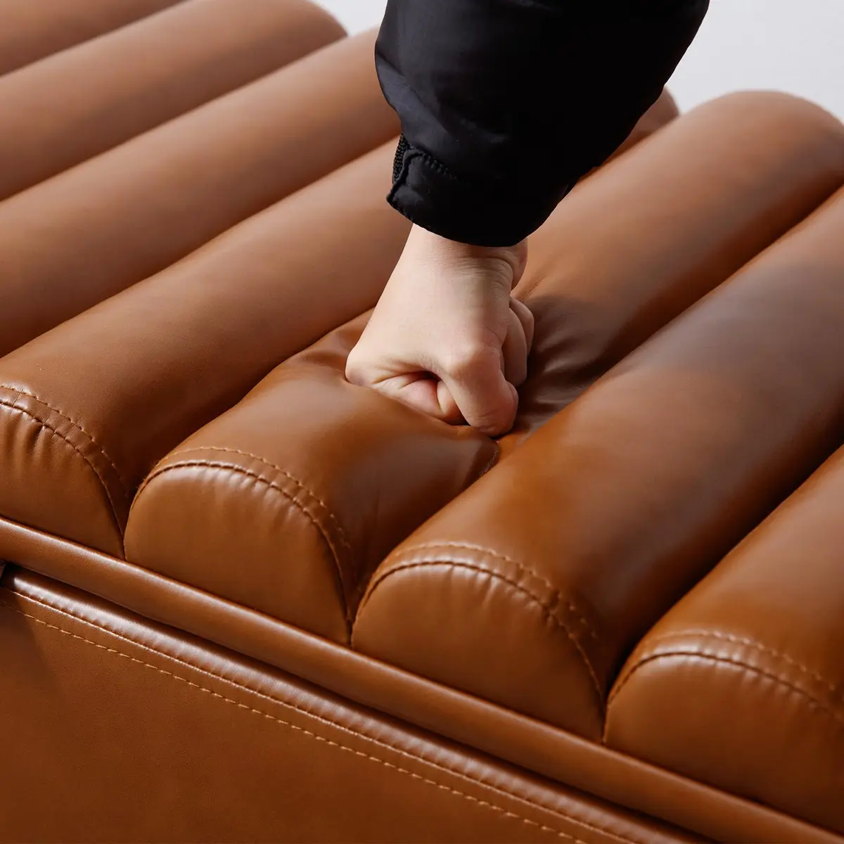 Kmax Storage Bench 45" PU Leather Upholstered Ottoman with Wavy Top & Safety Hinge for Bedroom & Entryway, Brown | Modern Design & Large Storage - view 5
