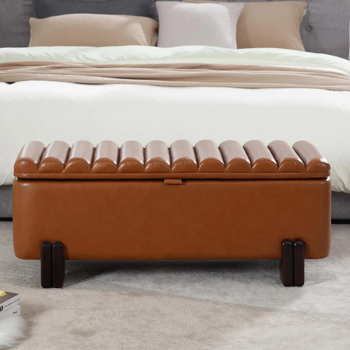 Kmax Storage Bench 45" PU Leather Upholstered Ottoman with Wavy Top & Safety Hinge for Bedroom & Entryway, Brown | Modern Design & Large Storage - view 6