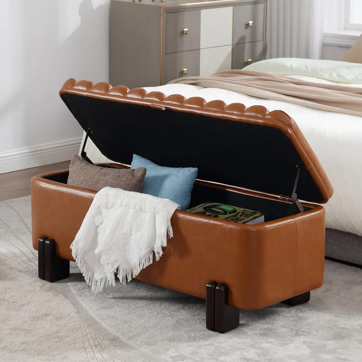 Kmax Storage Bench 45" PU Leather Upholstered Ottoman with Wavy Top & Safety Hinge for Bedroom & Entryway, Brown | Modern Design & Large Storage - view 7