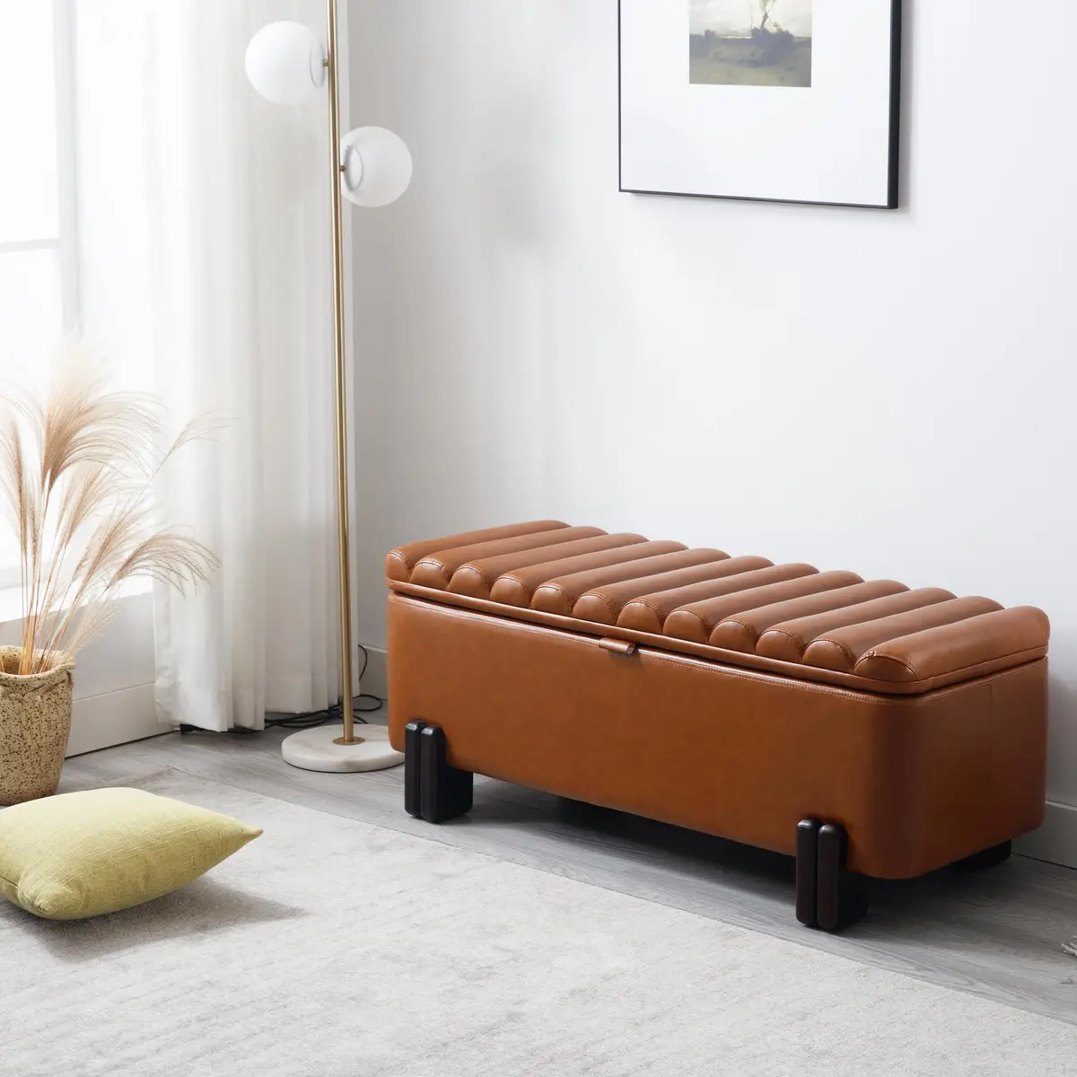 Kmax Storage Bench 45" PU Leather Upholstered Ottoman with Wavy Top & Safety Hinge for Bedroom & Entryway, Brown | Modern Design & Large Storage - view 8