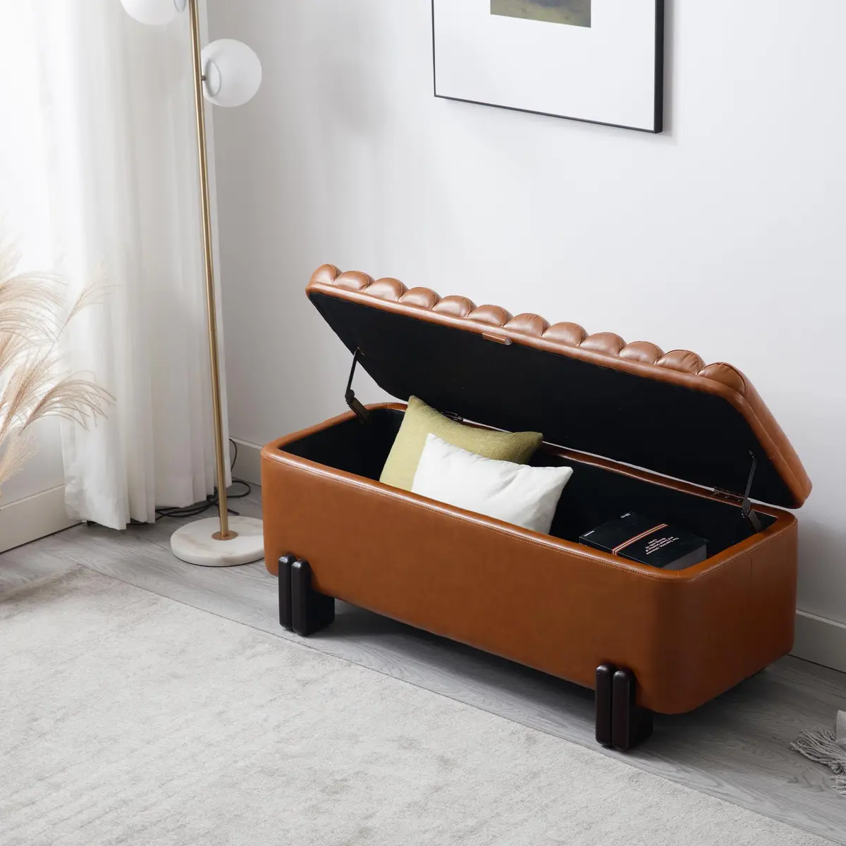 Kmax Storage Bench 45" PU Leather Upholstered Ottoman with Wavy Top & Safety Hinge for Bedroom & Entryway, Brown | Modern Design & Large Storage - view 9