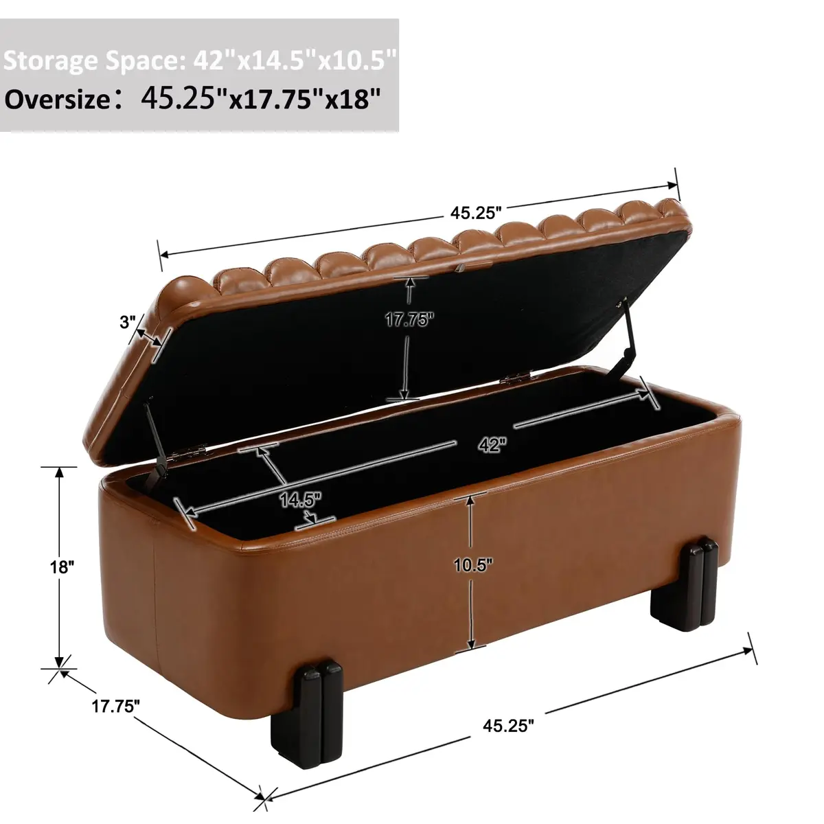 Kmax Storage Bench 45" PU Leather Upholstered Ottoman with Wavy Top & Safety Hinge for Bedroom & Entryway, Brown | Modern Design & Large Storage - view 2