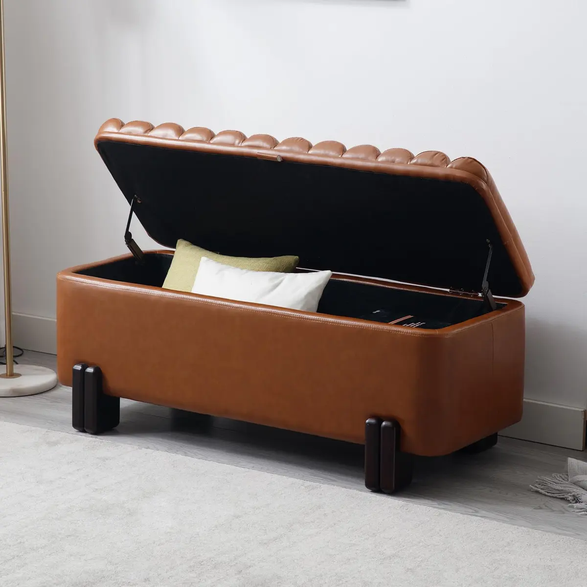 Kmax Storage Bench 45" PU Leather Upholstered Ottoman with Wavy Top & Safety Hinge for Bedroom & Entryway, Brown | Modern Design & Large Storage - view 3