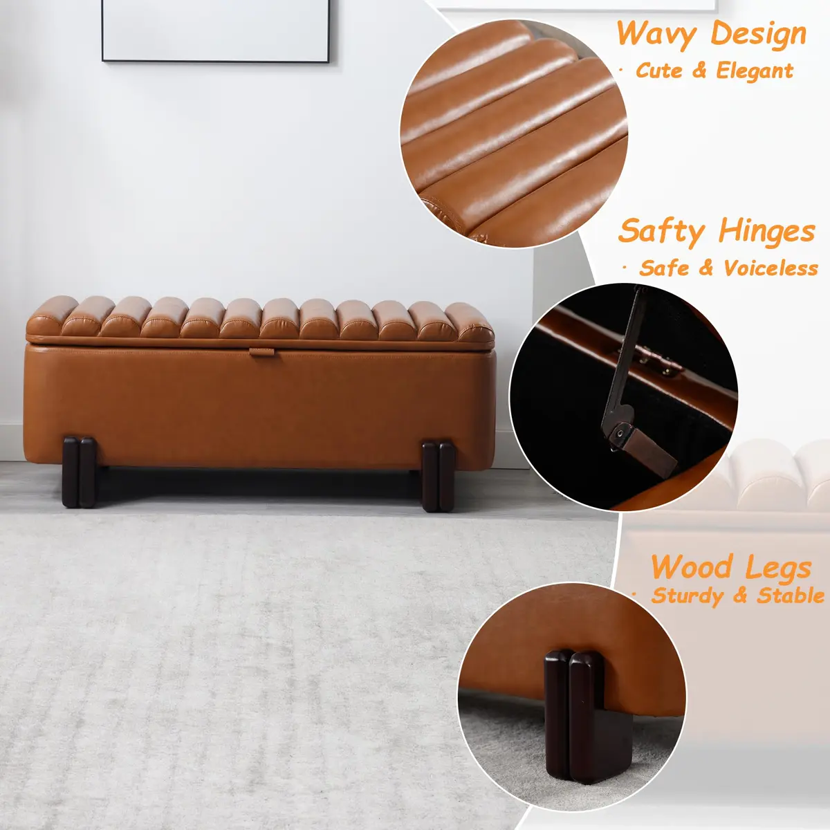 Kmax Storage Bench 45" PU Leather Upholstered Ottoman with Wavy Top & Safety Hinge for Bedroom & Entryway, Brown | Modern Design & Large Storage - view 4
