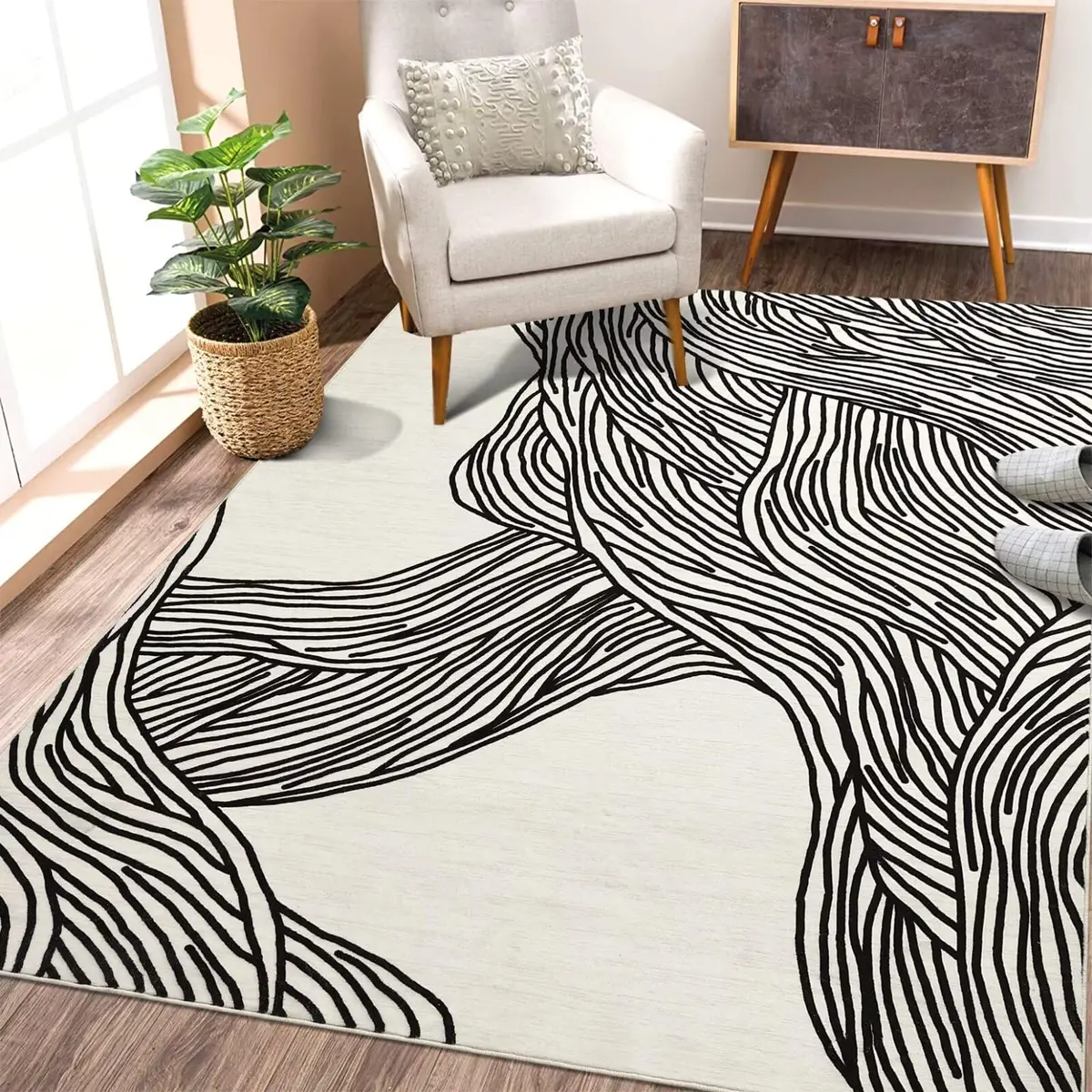 WESTLOOM Modern Area Rug 4x6 | Washable, Minimalist Lines, Soft, Non Slip, Low Pile Floor Carpet for Living Room & Bedroom Beige - main product image