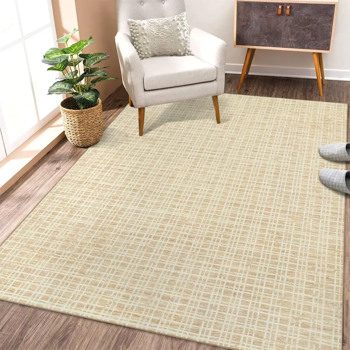 WESTLOOM Checkered Indoor Farmhouse Area Rug 5x7 | Washable Non Slip Minimalist Yellow - main product image